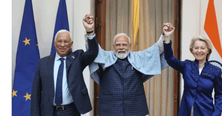 European Council President António Costa -Indian PM Narendra Modi - European Commission President Ursula von der Leyen (L to R)