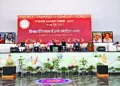 (From L to R) RSS Sarkaryavah Dattatreya Hosabale ji, President of Bharatiya Vidya Bhavan and former Governor of Assam, Punjab, and Tamil Nadu, Banwarilal Purohit ji, RSS Sarsanghchalak Dr Mohan Bhagwat ji, Spiritual Guide of Shri Ram Chandra Mission Kamlesh D Patel (Daaji), founder of Bharat Biotech Krishna Ella ji, Sita Gayatri ji of Rashtra Sevika Samiti during the valedictory session of Shibir