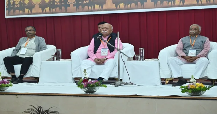 RSS Sarsanghchalak Dr Mohan Bhagwat (in the centre) along with other dignitaries on the stage