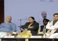 (From Left To Right) Akhil Bharatiya Prachar Pramukh, RSS Sunil Ambekar ji, Delhi CM Rekha Gupta, Delhi Minister Kapil Mishra