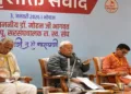 RSS Sarsanghchalak Dr Mohan Bhagwat in the centre at Matri Shakti Samvad programme at Shivneri Bhavan, Bhopal.