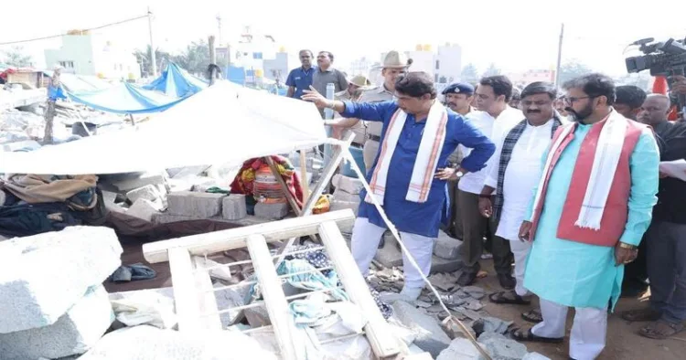 BJP leaders during their visit to Kogilu Layout in Bengaluru