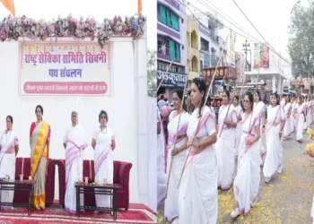 (Left) Members of the Rashtriya Sevika Samiti on the stage (Right) Path Sanchalan of Rashtriya Swayamsevika Samiti