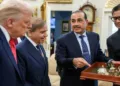 US President Donald Trump during a meeting with Pakistan Prime Minister Shehbaz Sharif and Field Marshal Asim Munir at the White House, in Washington, DC, USA