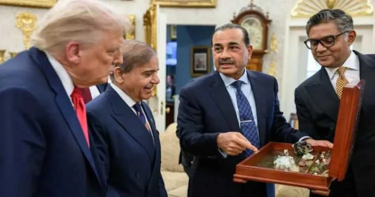US President Donald Trump during a meeting with Pakistan Prime Minister Shehbaz Sharif and Field Marshal Asim Munir at the White House, in Washington, DC, USA