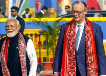 Prime Minister Narendra Modi and German Chancellor Friedrich Merz participate in the International Kite Festival at Sabarmati Riverfront in Ahmedabad on Monday
