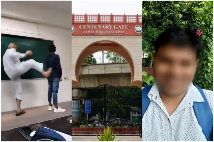 Accused Jamia faculty member Dr Riyazuddin; Jamia Millia Islamia campus; and Ram Phool Meena, the ST employee who has accused him of caste abuse, assault and retaliation (Photo: Organiser)