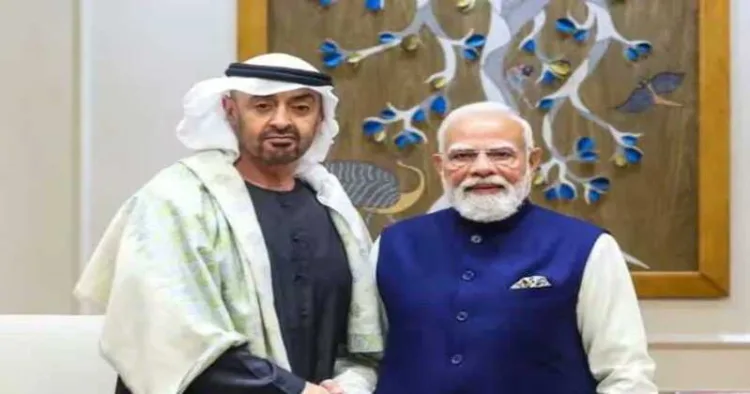 UAE President Sheikh Mohammed bin Zayed Al Nahyan with Indian Prime Minister Narendra Modi during their meeting in New Delhi