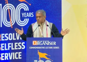 J Nandakumar, National Convener of Prajna Pravah, at Organiser’s Commemorative Lecture Series ‘Resolve for Selfless Service’, Part-2 on the occasion of 100 years of RSS at Atal Sabhagrah, Chaudhary Charan Singh University (CCSU), Meerut, Uttar Pradesh