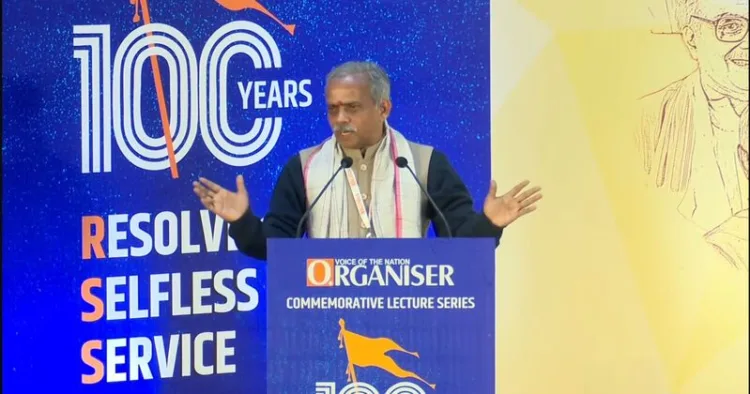 J Nandakumar, National Convener of Prajna Pravah, at Organiser’s Commemorative Lecture Series ‘Resolve for Selfless Service’, Part-2 on the occasion of 100 years of RSS at Atal Sabhagrah, Chaudhary Charan Singh University (CCSU), Meerut, Uttar Pradesh