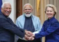 European Council President Antonio Costa, India's Prime Minister Narendra Modi and European Commission President Ursula von der Leyen (Right) in Delhi on January 27, 2026