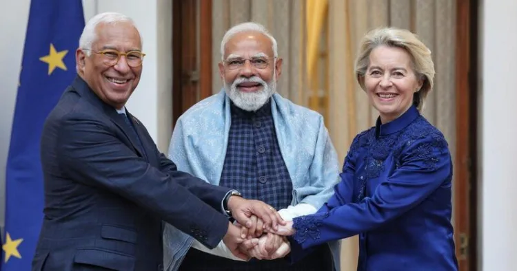 European Council President Antonio Costa, India's Prime Minister Narendra Modi and European Commission President Ursula von der Leyen (Right) in Delhi on January 27, 2026