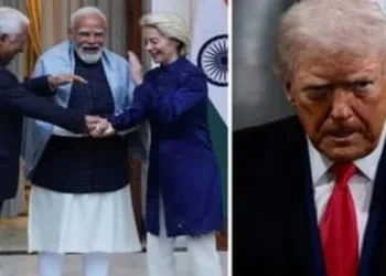 European Council President Antonio Costa, European Commission President Ursula von der Leyen and India's Prime Minister Narendra Modi, US President Donald Trump