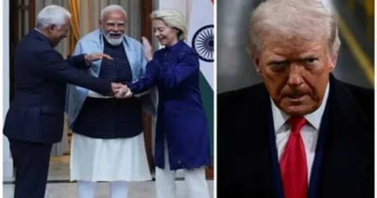 European Council President Antonio Costa, European Commission President Ursula von der Leyen and India's Prime Minister Narendra Modi, US President Donald Trump