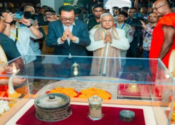 Arunachal Pradesh Deputy Chief Minister Chowna Mein, alongside Madhya Pradesh Governor Mangubhai Chhaganbhai Patel, received the sacred Devnimori Relics of Bhagwan Buddha