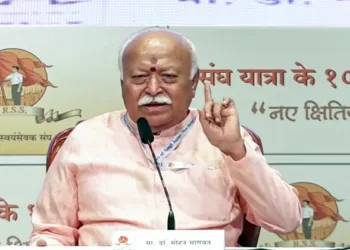 Mumbai, Feb 07 (ANI): RSS Sarsanghchalak Dr Mohan Bhagwat speaks on Swadeshi during RSS centenary event, in Mumbai on Saturday. (RSS/ANI Video Grab)