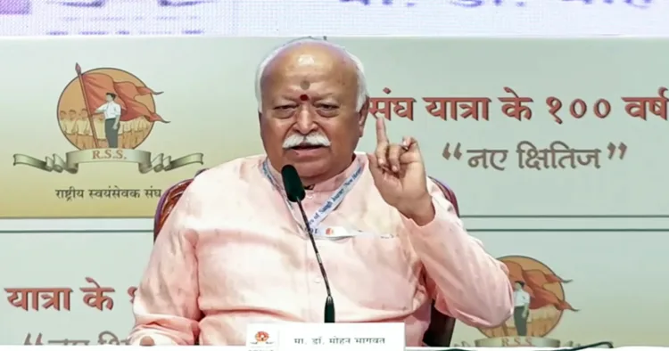 Mumbai, Feb 07 (ANI): RSS Sarsanghchalak Dr Mohan Bhagwat speaks on Swadeshi during RSS centenary event, in Mumbai on Saturday. (RSS/ANI Video Grab)
