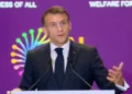 French President Eammanuel Macron speaks at the AI Impact Summit, 2026