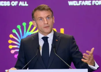 French President Eammanuel Macron speaks at the AI Impact Summit, 2026