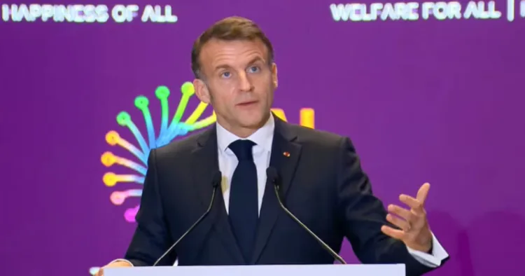 French President Eammanuel Macron speaks at the AI Impact Summit, 2026