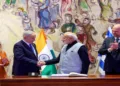 Jerusalem [Israel], Feb 25 (ANI): Prime Minister Narendra Modi exchanges a handshake with Israeli Prime Minister Benjamin Netanyahu at the Knesset, Israeli parliament, in Jerusalem on Wednesday. Israeli PM Benjamin Netanyahu's wife Sara Netanyahu and Speaker of the Knesset, Amir Ohana also present. (DPR PMO/ANI Photo)