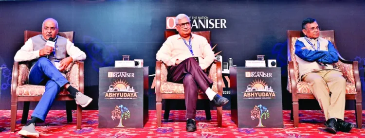 (From L to R) Deepak Sharma, FMPCCI President, moderating the session; Prof. K.K. Shukla, Director, MANIT; and Prof. Gobardhan Das, Director, IISER, on the dais