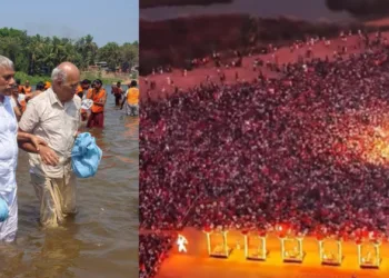 Senior RSS funcationaries S. Sethumadhavan and A Vinod in river cleaning drive (Left) - Makhamagha Maholsavam (Right)