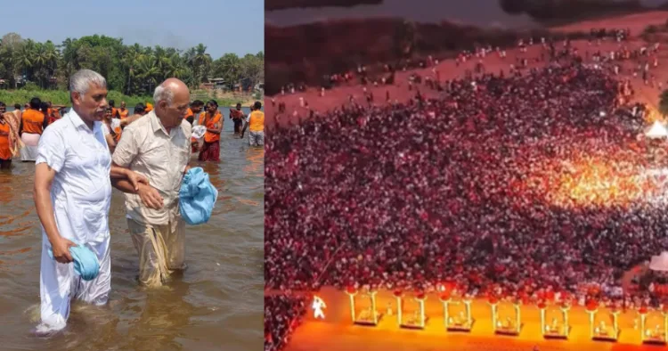 Senior RSS funcationaries S. Sethumadhavan and A Vinod in river cleaning drive (Left) - Makhamagha Maholsavam (Right)