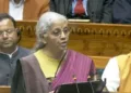 Finance Minister Nirmala Sitharaman in parliament presenting Budget 2026