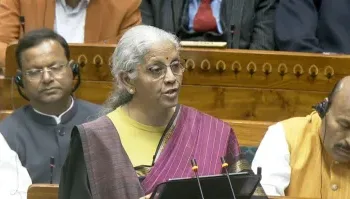 Finance Minister Nirmala Sitharaman in parliament presenting Budget 2026