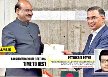 (L to R) Lok Sabha Speaker Om Birla with newly elected Bangladesh PM Tarique Rehman