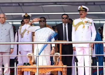 Indian President Droupadi Murmu at International Fleet Review 2026 from INS Sumedha