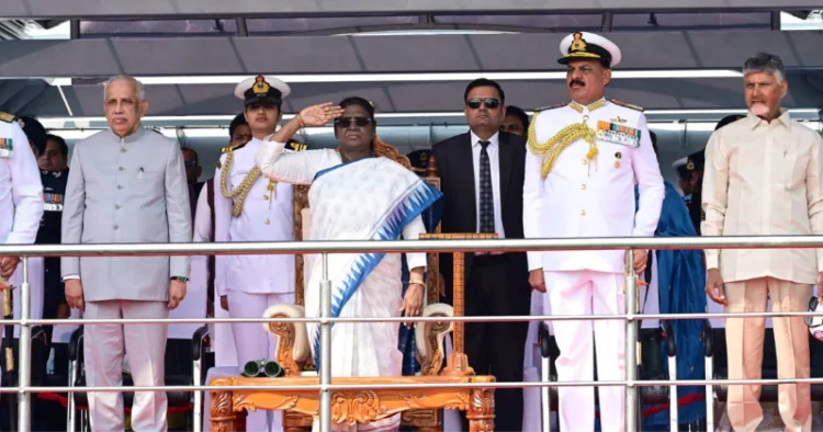 Indian President Droupadi Murmu at International Fleet Review 2026 from INS Sumedha