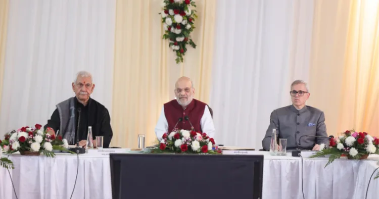 (From Left To Right) J&K LG Manoj Sinha, Union Home Minister Amit Shah, J&K CM Omar Abdullah