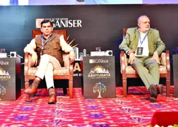 From (L to R) Sidharth Rastogi, Economic expert, moderating the session; Dr Ashwani Mahajan, National Co-Convenor, Swadeshi Jagran Manch, Sandip Singh, Author and business expert and Adv Gagan Kumar on the dias