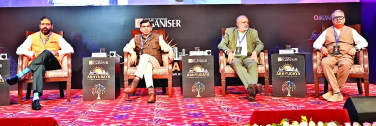 From (L to R) Sidharth Rastogi, Economic expert, moderating the session; Dr Ashwani Mahajan, National Co-Convenor, Swadeshi Jagran Manch, Sandip Singh, Author and business expert and Adv Gagan Kumar on the dias