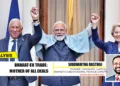 Prime Minister Narendra Modi with President of the European Council, António Luís Santos da Costa, and President of the European Commission, Ursula von der Leyen, at Hyderabad House, in New Delhi on January 27