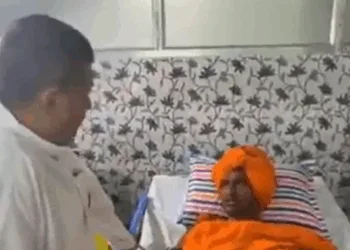Suvendu Adhikari with Swami Suryananda Maharaj, who was brutally assaulted during a peaceful Hindu Sammelan in Bhagabanpur in Purba Medinipur district