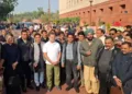 Congress leader Rahul Gandhi and other oppisition MPs protest outside Parliament