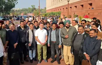Congress leader Rahul Gandhi and other oppisition MPs protest outside Parliament
