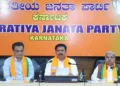 Karnataka BJP President BY Vijayendra in the centre addressing the press conference