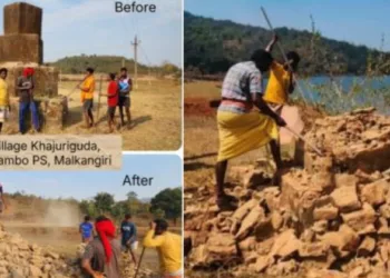 Villagers demolishing Maoist memorial pillars in Malkangiri