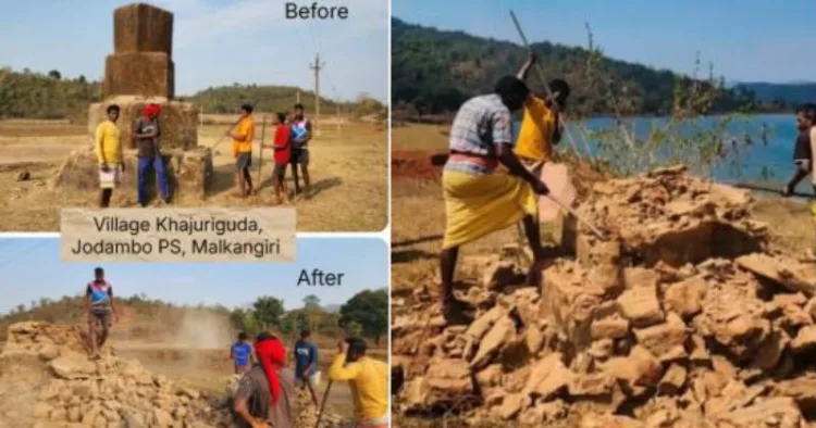 Villagers demolishing Maoist memorial pillars in Malkangiri