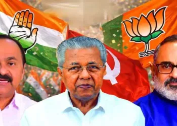 Congress opposition leader VD Satheeshan (Left), Kerala Chief Minister Pinarayi Vijayan and BJP State President Rajeev Chandrasekhar (Right)