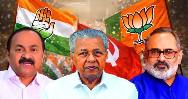Congress opposition leader VD Satheeshan (Left), Kerala Chief Minister Pinarayi Vijayan and BJP State President Rajeev Chandrasekhar (Right)