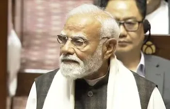 PM Modi addressing the Rajya Sabha on Thursday. (Sansad TV)
