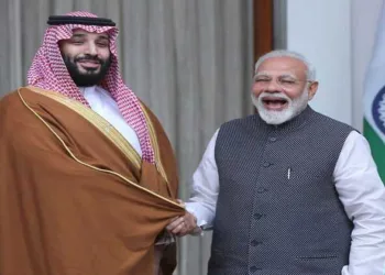 PM Narendra Modi shakes hand with Saudi Crown Prince Mohammed bin Salman before the start of their meeting in New Delhi