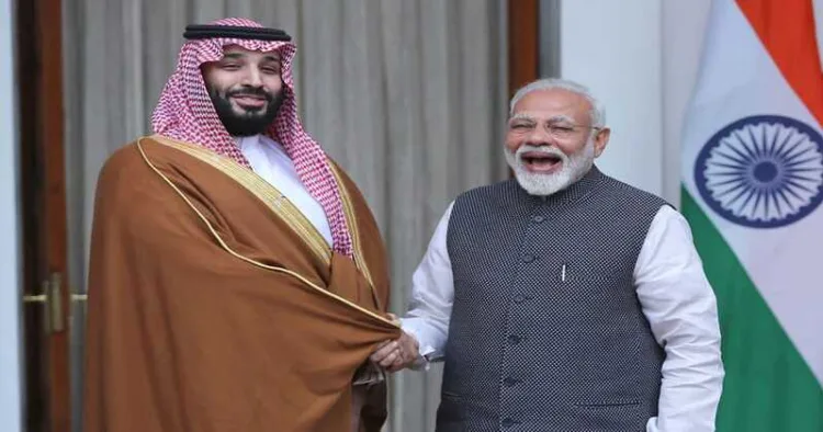 PM Narendra Modi shakes hand with Saudi Crown Prince Mohammed bin Salman before the start of their meeting in New Delhi