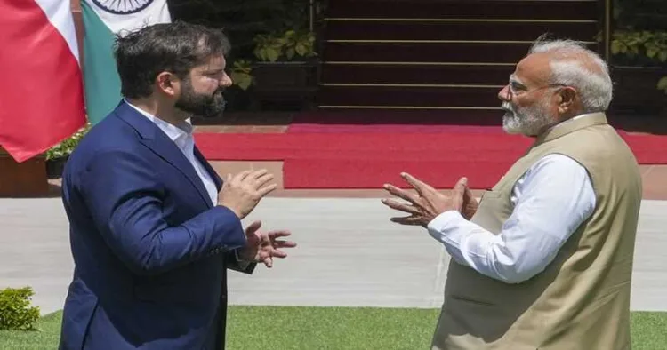 Prime Minister Narendra Modi and President of Chile Gabriel Boric Font prior to their meeting at Hyderabad House, in New Delhi, Tuesday, April 1, 2025