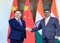 Foreign Secretary Vikram Misri shakes hands with Executive Vice Foreign Minister of China Ma Zhaoxu during the India-China Strategic Dialogue on 10 February